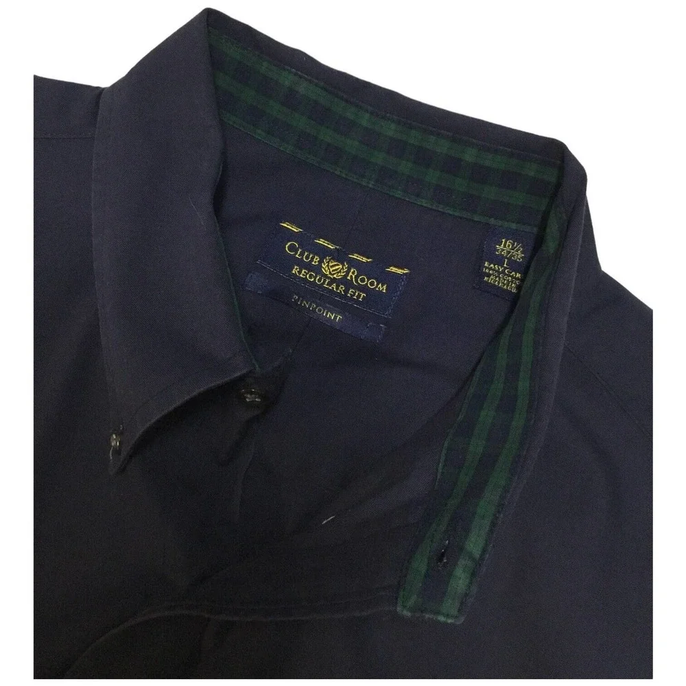 Club Room Pinpoint Button Down Plaid Contrast Cuff Cotton Pocket Mens Blue L